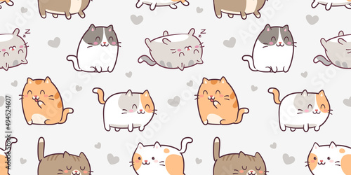 Cute Kawaii Cats or kittens in funny poses - vector seamless pattern. Funny cartoon fat cats for print or sticker design. Adorable kawaii animals on grey background