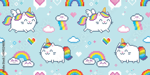 Seamless pattern of Cut Pixel Art Cat Unicorn or Caticorn on blue background. Cartoon Cat unicorns with pink wings for design of backgrounds, wallpapers, fabrics, wrapping paper, scrapbooking