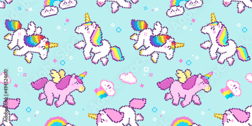 Cute Pixel Art Unicorns seamless pattern on blue background. Cartoon unicorns with rainbow tails for design  backgrounds, wallpapers, fabrics, wrapping paper, scrapbooking