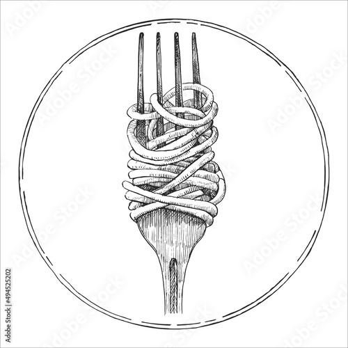 Wallpaper Mural Traditional italian dishes. Hand-drawn illustration of Fork with Pasta. Vector. Ink drawing.  Torontodigital.ca