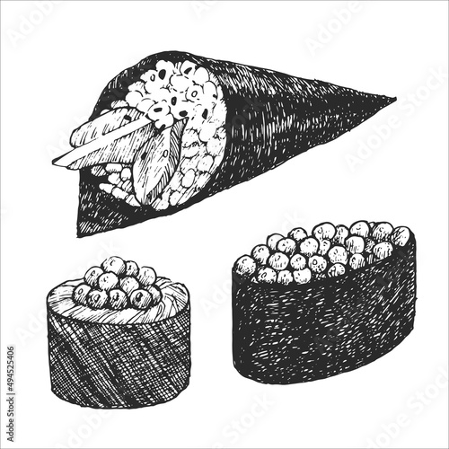 Japanese dishes. Hand-drawn illustration of Temaki and Gunkan Maki. Vector. Ink drawing. 