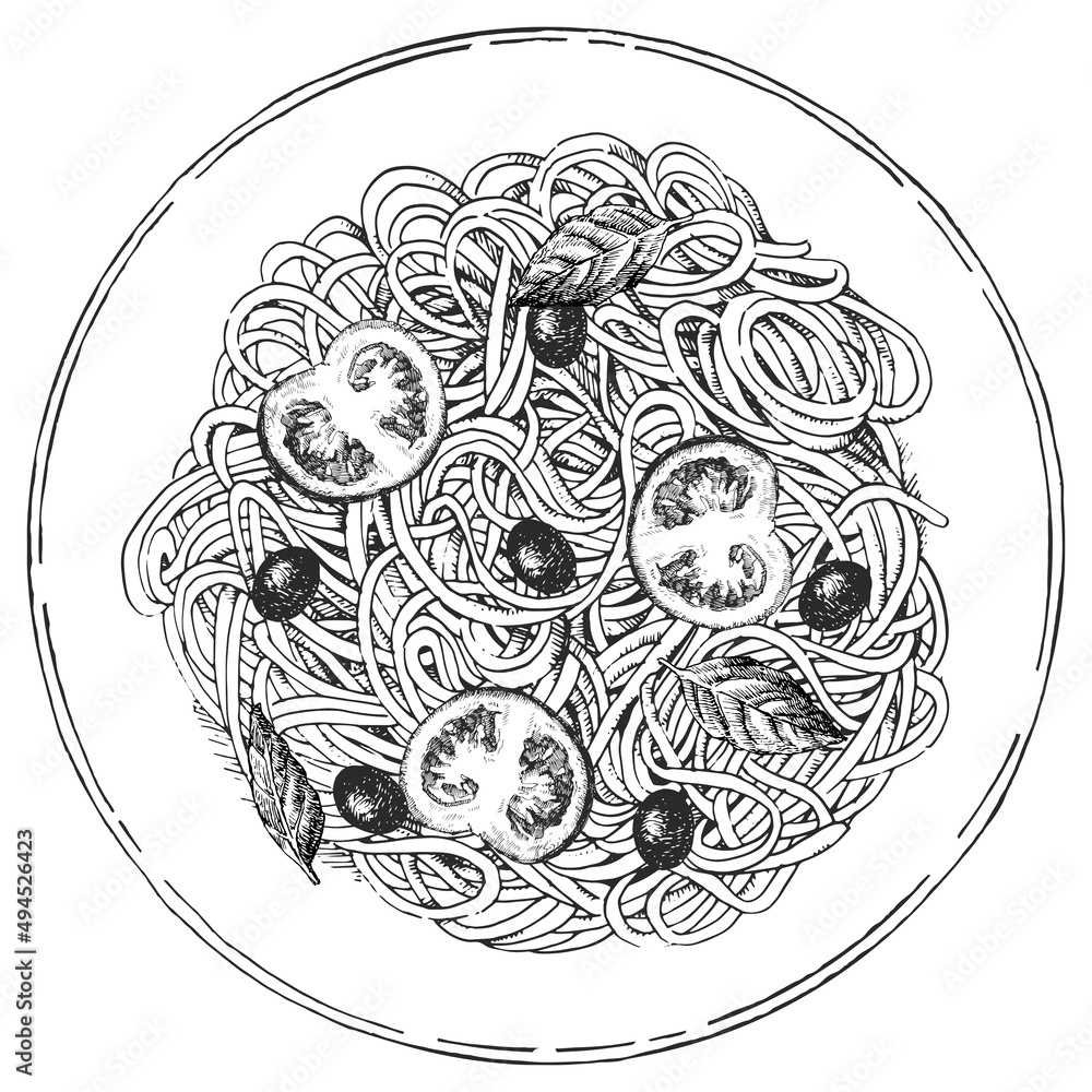 Traditional italian dishes. Hand-drawn illustration of Pasta. Vector. Ink drawing. Traditional italian dishes. Hand-drawn illustration of Pasta. Vector. Ink drawing.