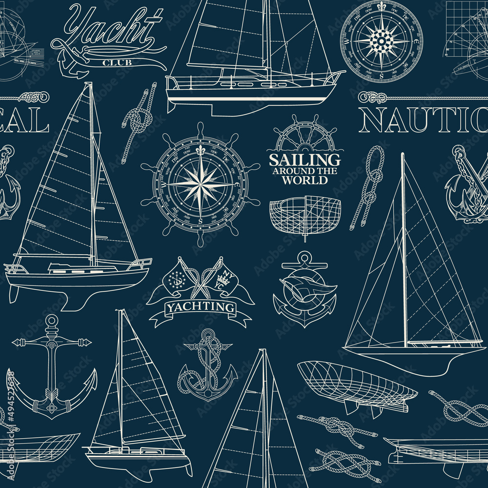 Sailboat and yachting nautical elements  collage marine vector seamless pattern