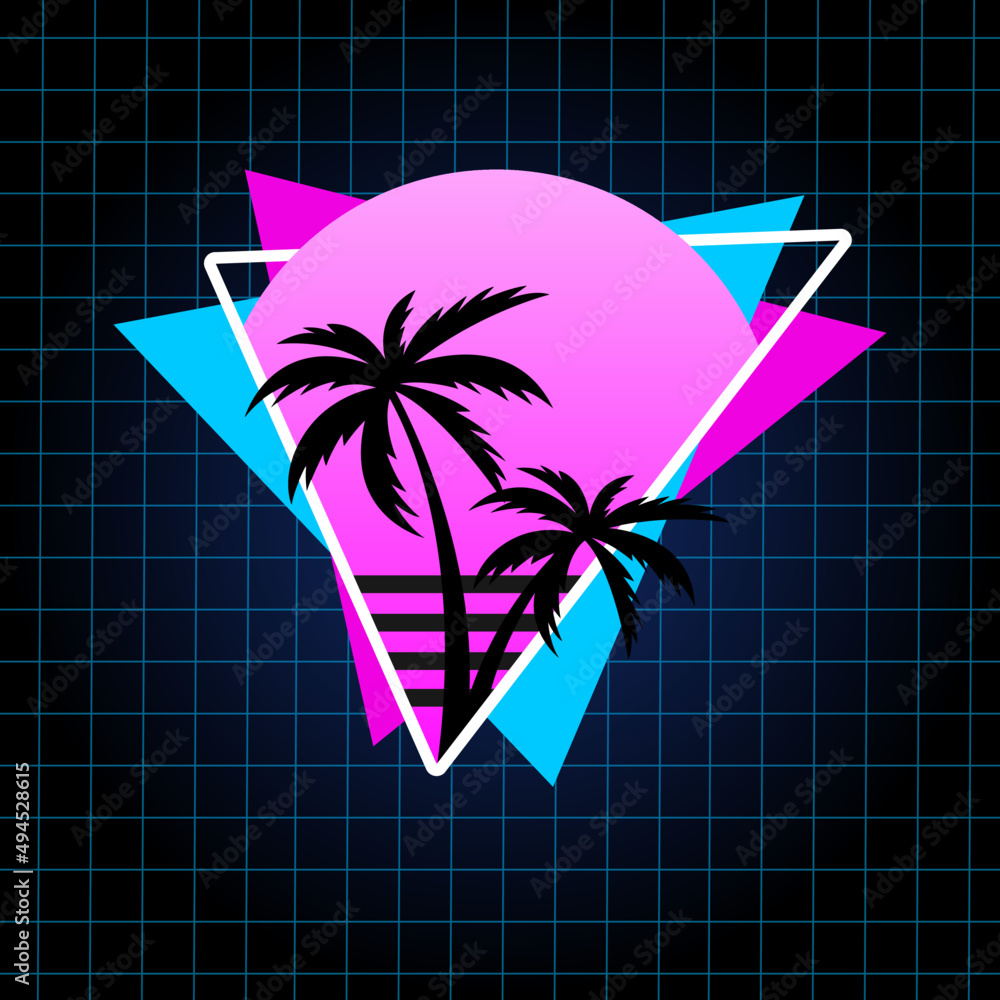 Retro Vector Illustration in 80's style for T-shirt with Palms, Grid and Sunset. Outrun aesthetic. - obrazy, fototapety, plakaty 