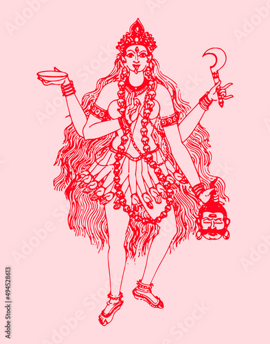 Illustration of the Kali goddess of Indian religion on the red background