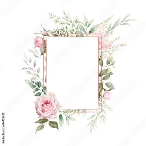 Greeting card with flowers, Floral frame, can be used as invitation card for wedding, birthday and other holiday and summer background. Botanical art. Watercolor