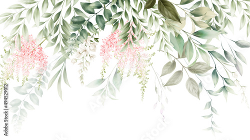 Floral border with pink flowers ang foliage, can be used as invitation card for wedding, birthday and other holiday and  summer background. Botanical art. Watercolor