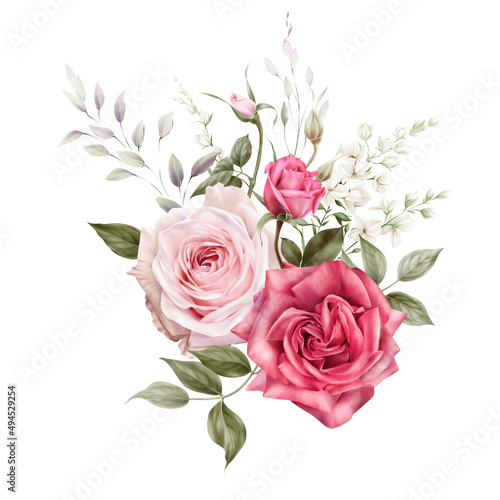 Bouquet of flowers and greenery, can be used as greeting card, invitation card for wedding, birthday and other holiday and  summer background. Watercolor illustration