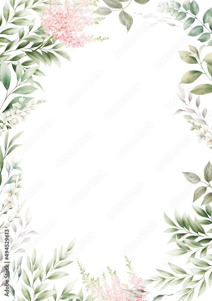 Greeting card with flowers, Floral frame, can be used as invitation card for wedding, birthday and other holiday and summer background. Botanical art. Watercolor Greeting card with flowers, Floral frame, can be used as invitation card for wedding, birthday and other holiday and summer background. Botanical art. Watercolor