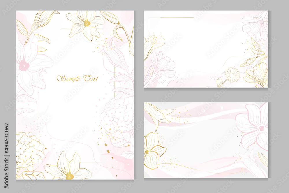 Set of vector cards with golden and pink plants in line-art style on a gray background.