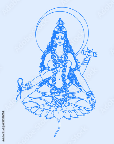 Illustration of the Matangi goddess of Indian religion on the blue background