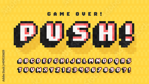 Pixel vector alphabet design, stylized like in 8-bit games.