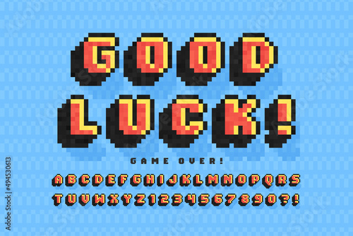 Pixel vector alphabet design, stylized like in 8-bit games.