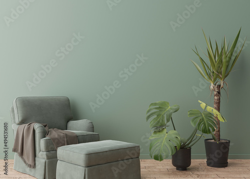 Fototapeta Naklejka Na Ścianę i Meble -  Empty green wall in modern room. Mock up interior in contemporary, scandinavian style. Free, copy space for picture, poster, text, or another design. Armchair, plants. 3D rendering.