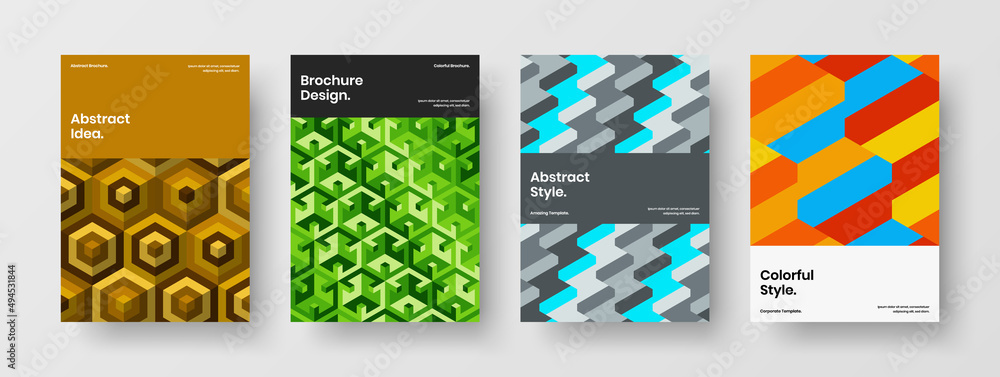 Fototapeta premium Multicolored mosaic tiles company brochure illustration composition. Original leaflet design vector template set.