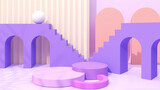 Purple circle mock up stand to place product samples. behind the purple stairs,mock up podium for product presentation,3d rendering