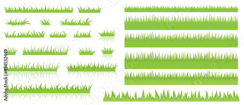Green grass, vector set for drawing images in flat cartoon style. Natural material for collecting headpieces, summer lawn sketches.