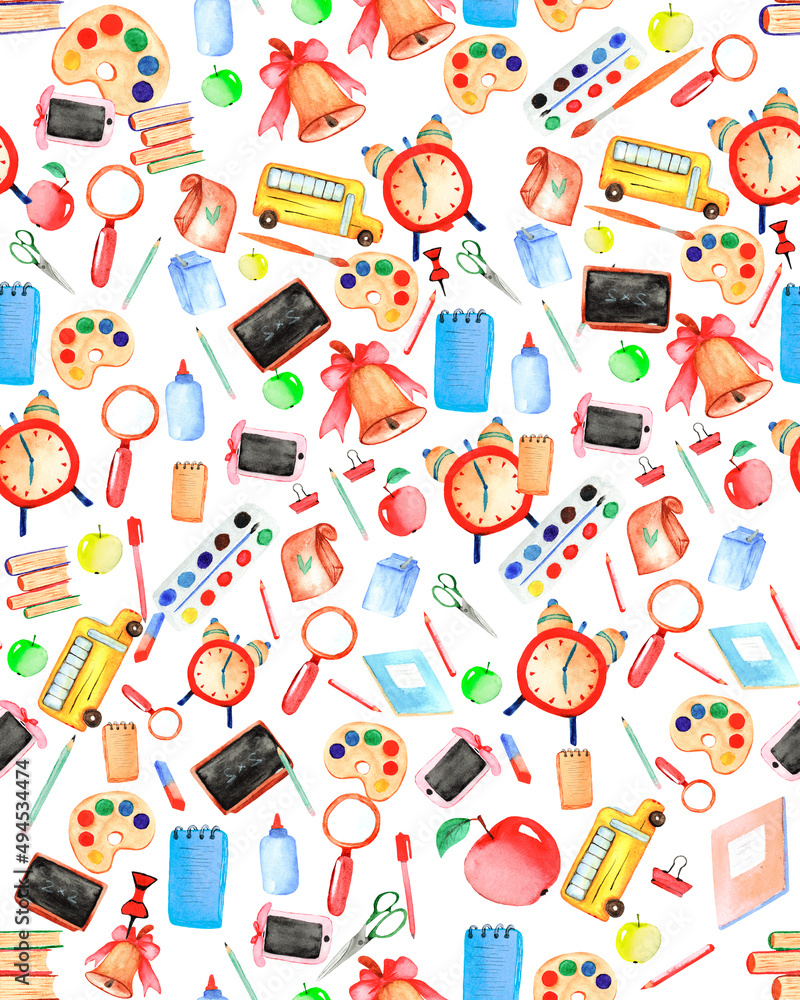 Watercolor pattern with school and office supplies and tools. Isolated learning objects: bus, books, watch, bell, lunch bag, pens and pencils. Illustration for school design Watercolor pattern with school and office supplies and tools. Isolated learning objects: bus, books, watch, bell, lunch bag, pens and pencils. Illustration for school design