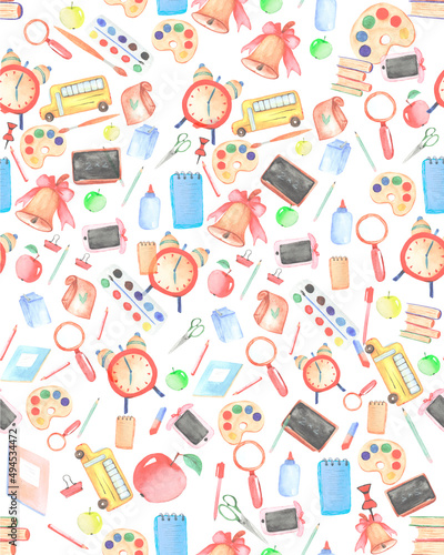 Watercolor pattern with school and office supplies and tools. Isolated learning objects: bus, books, watch, bell, lunch bag, pens and pencils. Illustration for school design