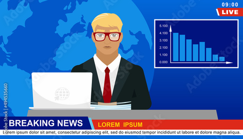 Live news studio with professional presenter making financial and business report. TV channel newsroom with news anchor. Flat vector illustration.