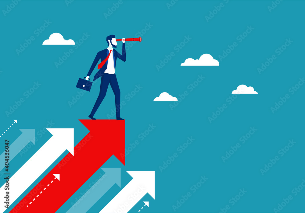 Businessman standing on flying red arrows. holding telescope looking for opportunities. Business vision leadership to success. different strategy thinking. vector illustration flat design.