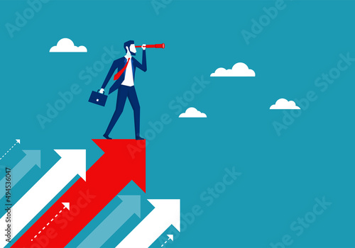 Businessman standing on flying red arrows. holding telescope looking for opportunities. Business vision leadership to success. different strategy thinking. vector illustration flat design.