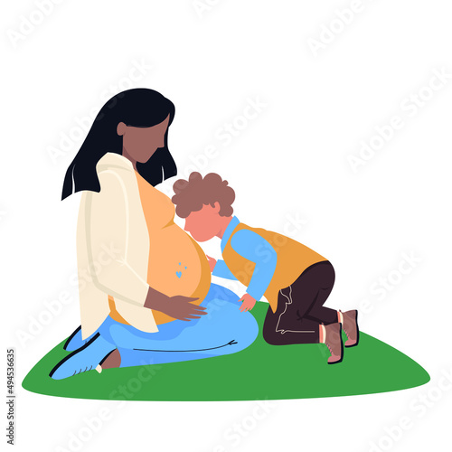 Family. Pregnant woman and small son isolated on white background. Concept illustration in cartoon style.