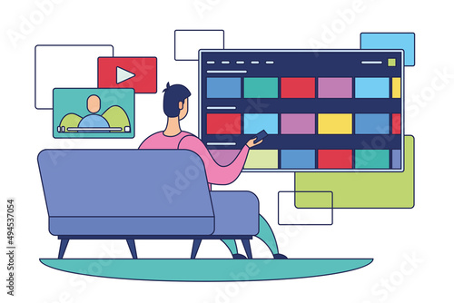 Streaming service concept image Man on couch with tv control Vector