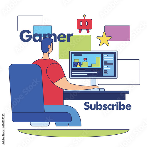Streaming service concept image man streaming videogames on computer Vector