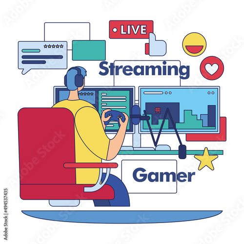 Streaming services concept image Gamer streaming his videogames Vector