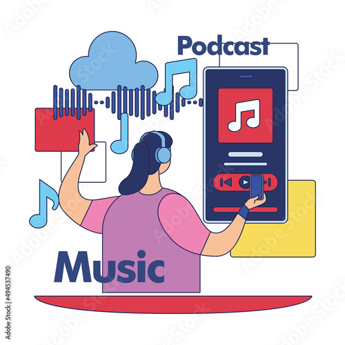 Streaming services concept image girl listening to music on cellphone Vector
