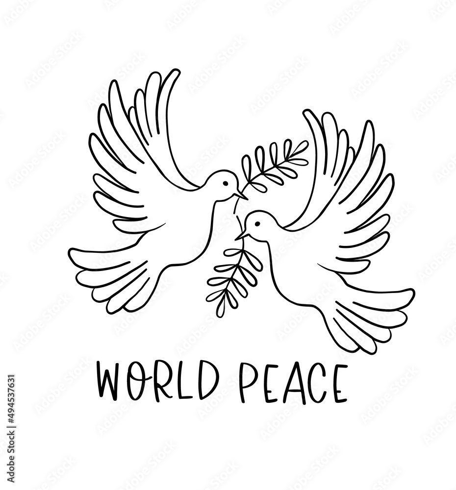 Obraz premium Two flying pigeons with a branch and leaves. Dove of peace. Hand drawn line sketch. Bird symbol of hope, emblem against violence and military conflicts. Vector illustration