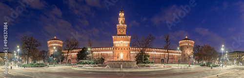 Sforzesco Castle and fountain in Milan, Italy