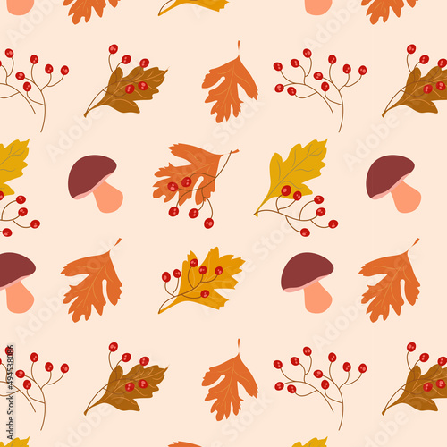 Autumn motive. Mushrooms, leaves, berries. Seamless pattern. © Tanya