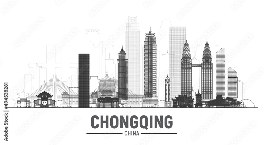 Chongqing China line skyline with panorama in white background. Vector Illustration. Business travel and tourism concept with modern buildings. Image for banner or web site.