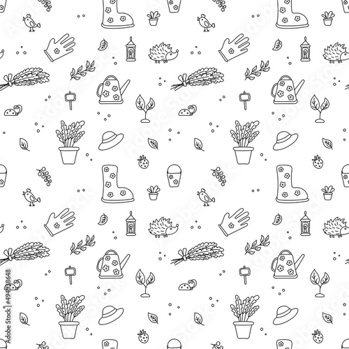 Vector seamless pattern with gardening tools. Hand drawn cute flat icon or garden equipment  flowers  animals on white background. Repeated background for wrapping  textile or web.