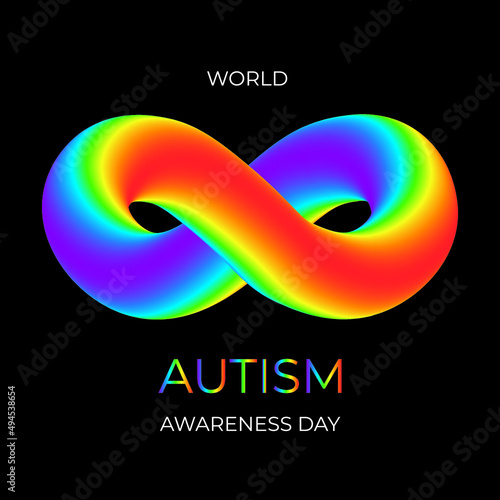 World Autism Day. The sign of infinity in the colors of the rainbow spectrum. Black background. April 2 is World Autism Awareness Day. Awareness and acceptance of neurodiversity.