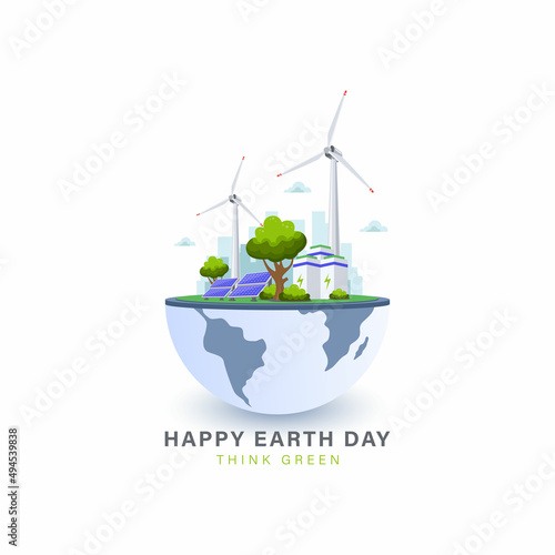 Happy earth day illustration vector design with globe map world environment . Ecology concept with green energy source for save the planet.