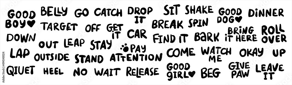 Dog commands lettering for illustrated guide.