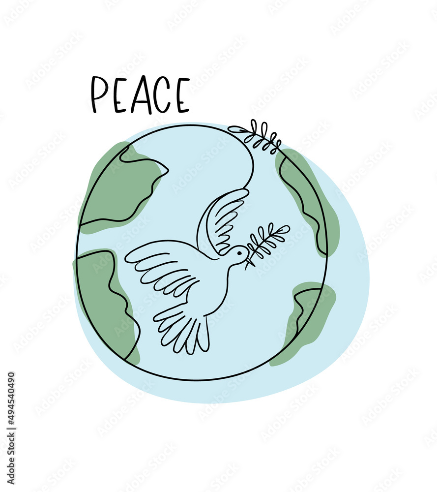 Flying pigeon with a branch . Dove of peace on the background of planet ...