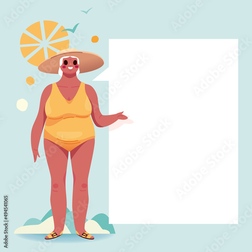 Personne âgée en maillot de bain, été à la plage, soleil chaleur canicule, conseil hydratation dans bulle de conversation, illustration femme en vacances, baignade sport senior, natation pour mamie