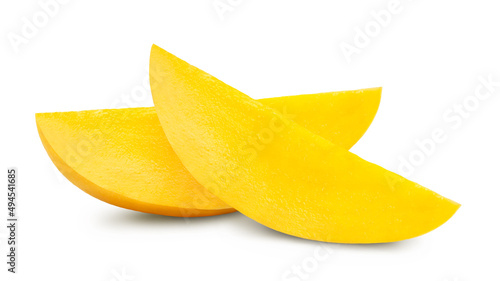 Two slices of yellow mango isolated on white background. Fresh fruits.