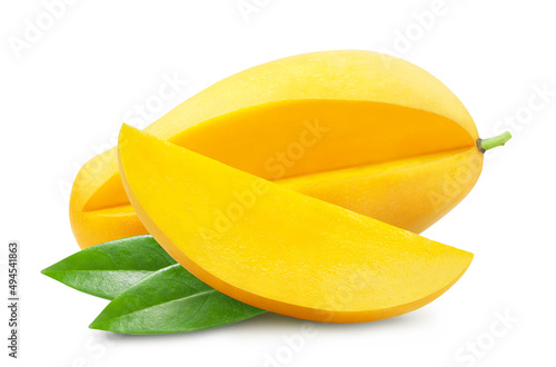 Yellow mango and juicy mango slice isolated. Fresh fruits. photo