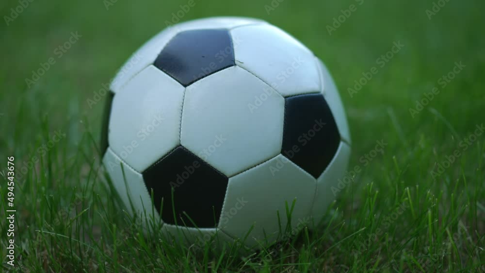 Close-up black and white soccer ball lying on green spring summer grass outdoors. Sport equipment on lawn in park on backyard with no people. Healthy lifestyle concept Close-up black and white soccer ball lying on green spring summer grass outdoors. Sport equipment on lawn in park on backyard with no people. Healthy lifestyle concept