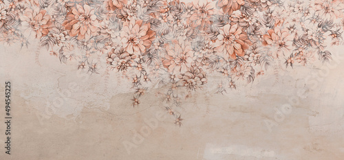 a lot of large flowers buds art drawn that hang down from top to bottom on a textured shabby wall photo wallpaper for the interior
