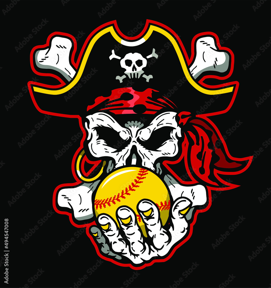 pirate captain skull mascot holding softball for school, college or league