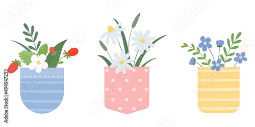 Summer flowers in a pocket. Multicolored pockets with a variety of bouquets.