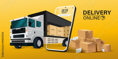 Parcel tracking app. 
delivery truck with cargo box is on a mobile phone. Online Parcel Inspection Concept.Online delivery transport logistics service. Warehouse factory express delivery box.