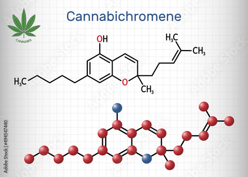 Cannabichromene, CBC molecule. It is phytocannabinoid found in Cannabis sativa and Helichrysum species. Structural chemical formula, molecule model. Sheet of paper in a cage.