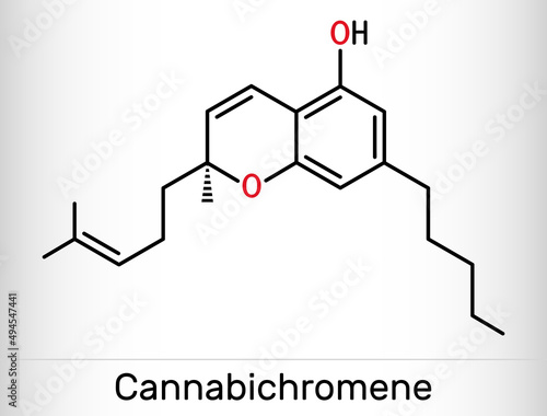 Cannabichromene, CBC molecule. It is phytocannabinoid found in Cannabis sativa and Helichrysum species. Skeletal chemical formula.